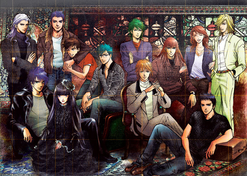 Group fanart of the Ronins/Troopers, the Dark Warlords/Mashou, Kayura, Mia/Nasutei, and Yuli/Jun in normal clothes. Source link is dead so artist is now unknown.