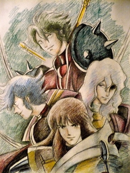 Fanart replicating the artwork of the four Dark Warlords/Mashou in armor without their helmets.