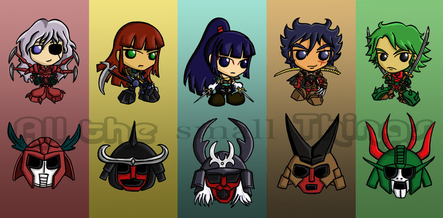 Four dark Warlords/Mashou and Kayura as chibis. All of them are in armor, Warlords/Mashou not wearing their helmets. Fanart of the helmets are drawn below the characters, with Talpa/Arago's face drawn below Kayura's figure.