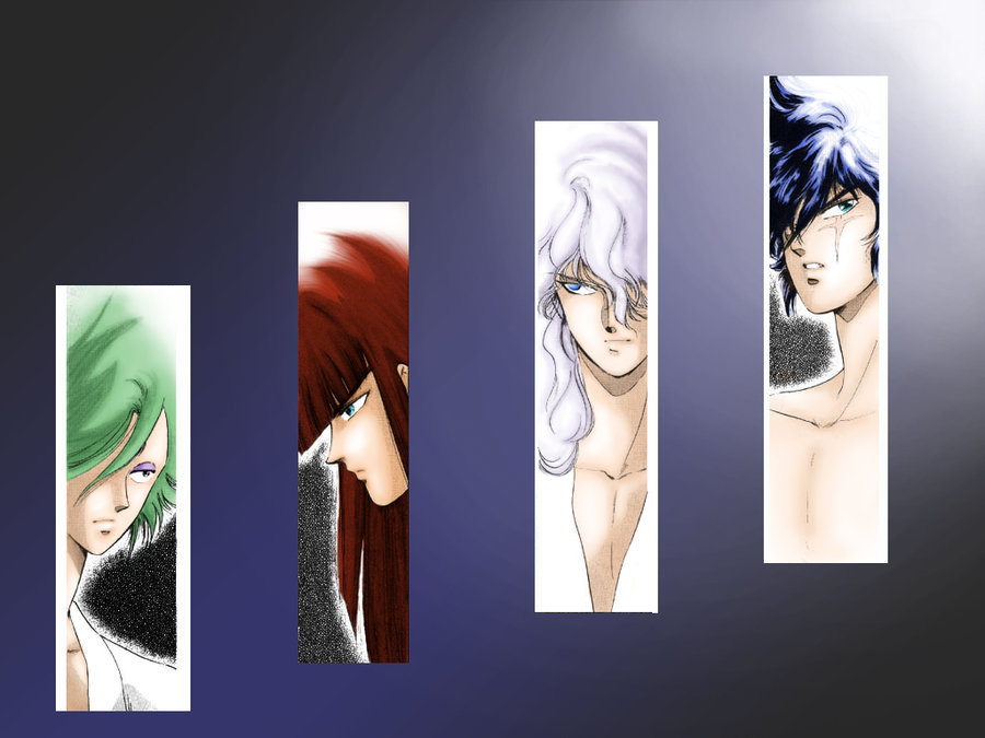 Wallpaper fanart of the four Dark Warlords/Mashou out of armor, wearing white kimonos and some of them are showing their chest under their clothes.