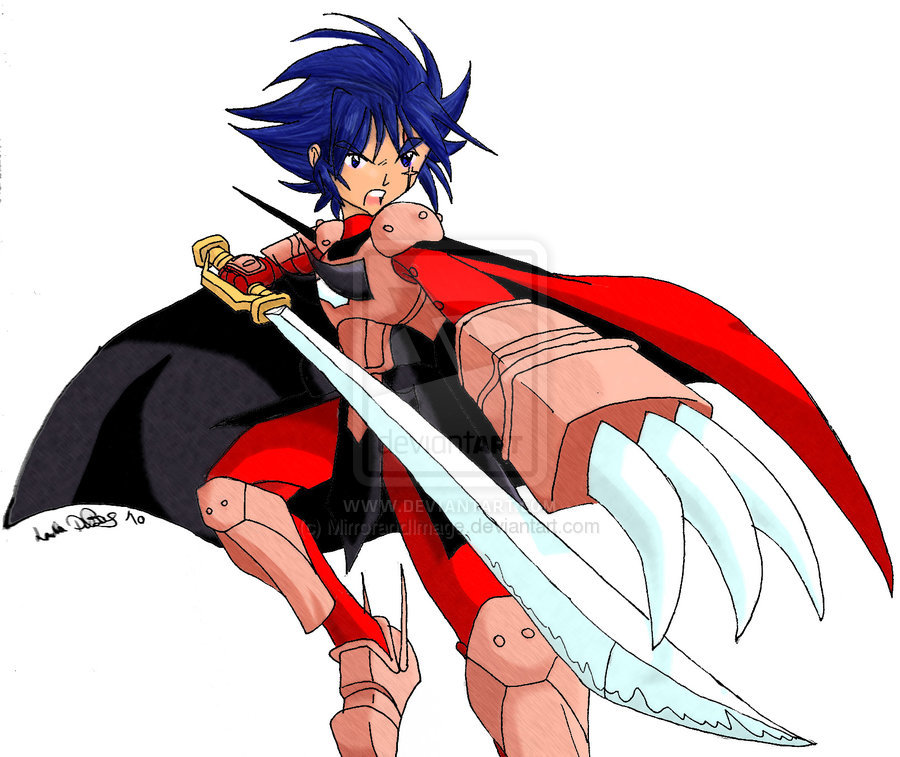 Fanart of Cale/Anubisu in armor without his helmet. He is charging the viewer and attacking with his sword and claws.