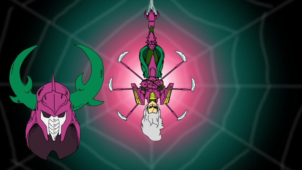 Dais/Rajura in his armor without his helmet on. He is hanging upside down with a spider web behind him. His helmet is floating by itself on the left side of the image.